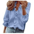 thumbnail image 2 of Blmnix Spring Tops for Women Blue Long Sleeve V-Neck Pleated Ruffle Loose Solid Blouse Fashion Tees, 2 of 6