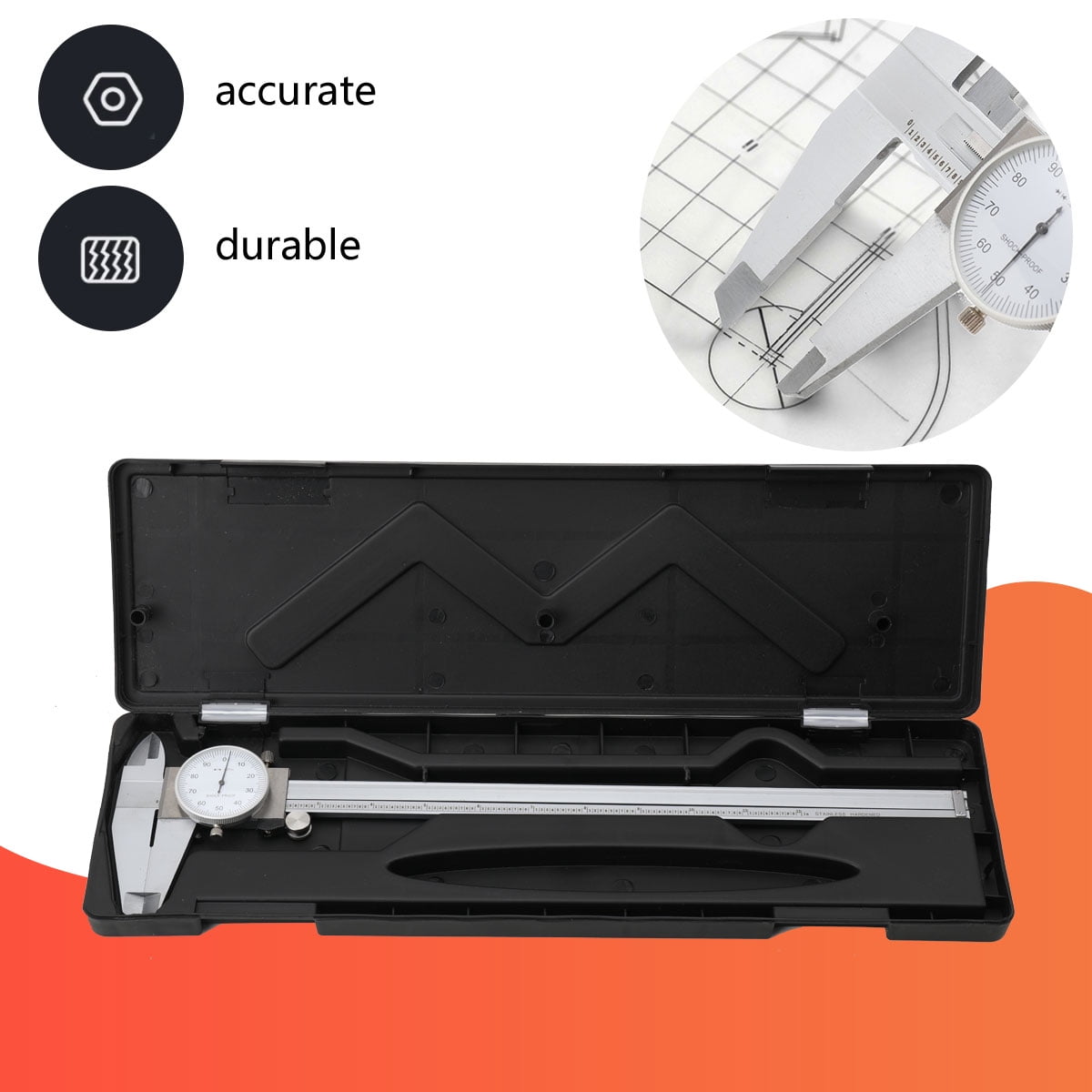 TABODD 12" Dial Caliper 0.001 Stainless Steel Shockproof 4-Way Measurement with Plastic Case