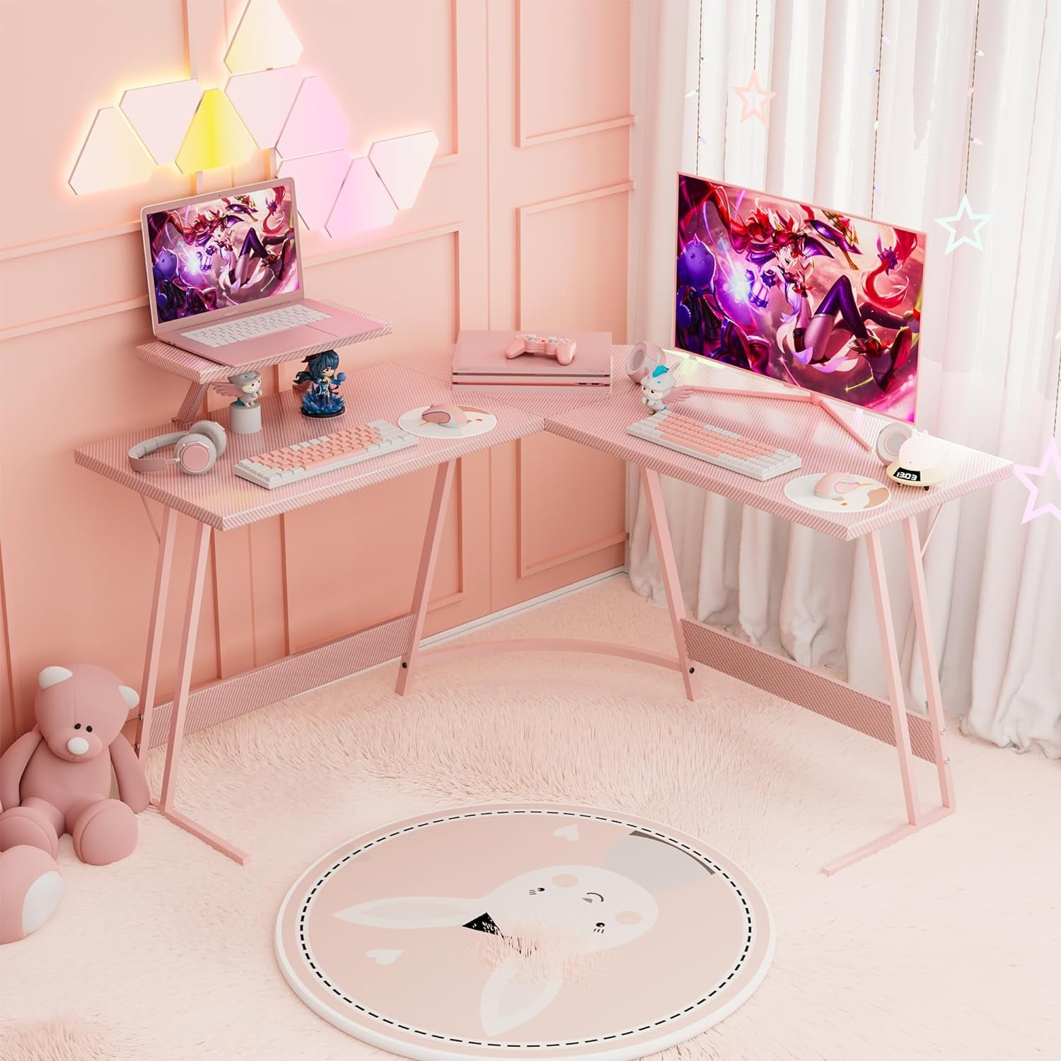 Pink L Shaped Gaming Desk Computer Corner PC Desk Table with Large Monitor Stand for Home Office Studying Writing Workstation, Gift for Girls and Women (Pink, 47 Inch)