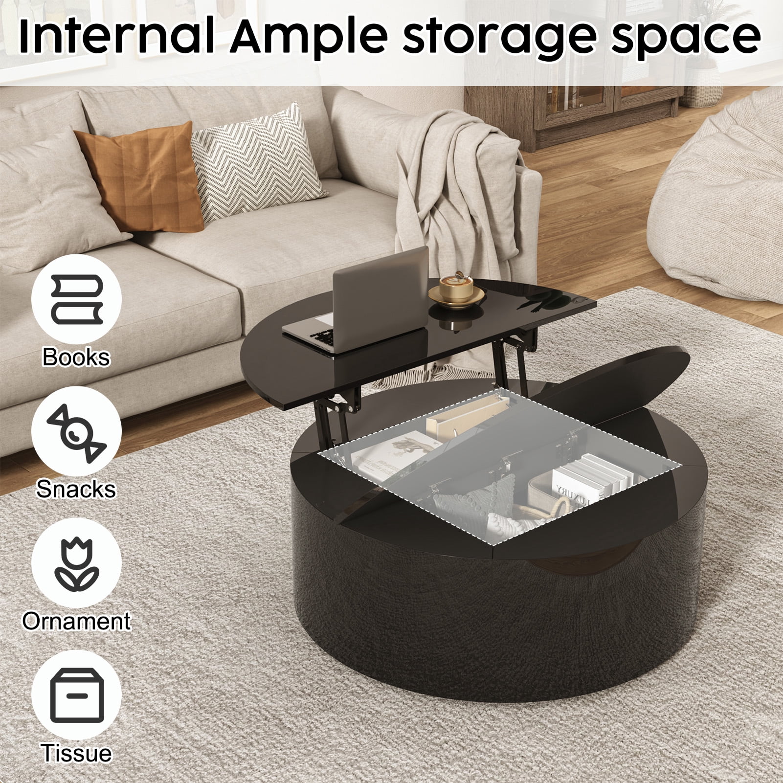 ANPOO Round Lift Top Coffee Table with Storage, Modern High Gloss Coffee Table with Hidden Storage Space, Circular Center Table for Livingroom, Small Space, Small Space, Apartment