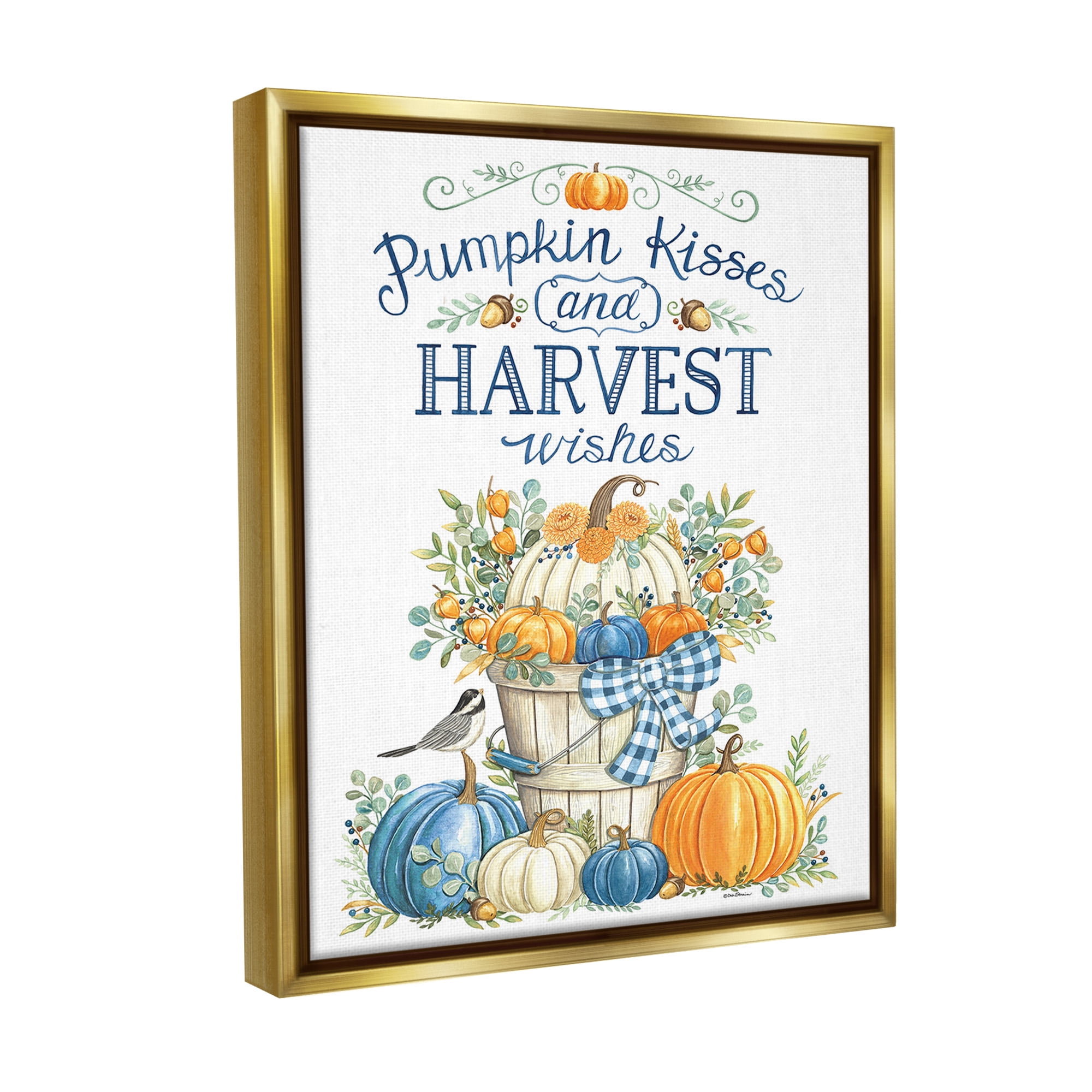 Stupell Industries Harvest Wishes Pumpkins Holiday Painting Gold Floater Framed Canvas Art Print Wall Art, 25 x 31