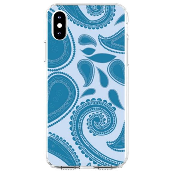 DistinctInk Clear Shockproof Hybrid Case for iPhone XR (6.1" Screen) - TPU Bumper, Acrylic Back, Tempered Glass Screen Protector - Big Blue Paisley