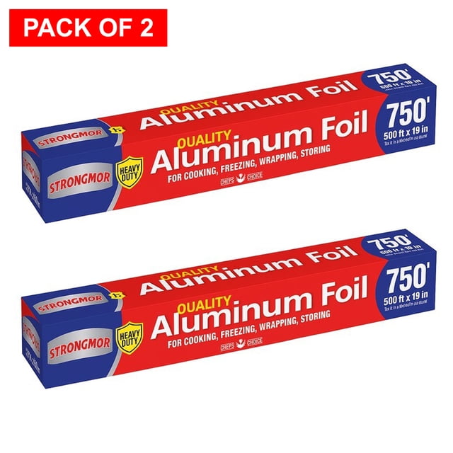 Strongmor Papier d'Aluminium Robuste 500 Pi x 18 Po (Lot de 2). Deux Rouleaux de Papier d'Aluminium Robuste, Chacun Mesurant 500 Pieds de Longueur et 18 Pouces de Largeur, Conçu pour la Cuisson, la Pâtisserie, le Gril et l'Entreposage des Aliments. l'Emballage Met en Valeur Sa Force, Sa Durabilité et Sa Résistance aux Déchirures, Ce Qui le Rend Adapté aux Cuisines Domestiques et Commerciales. les Boîtes Rouges et Bleues Mettent en Valeur la Marque Strongmor et l'Étiquetage Robuste.
