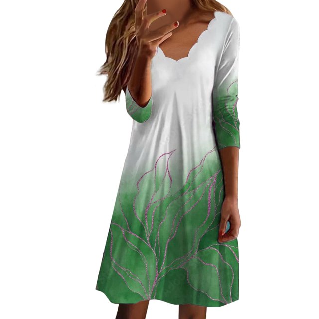 SZXZYGS Robes pour Femmes 2024 Fête Mode pour Femmes Imprimé Dégradé de Fleurs Col Ondulé Manche Mi-Longue Robe Jupe 2024