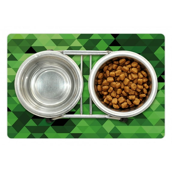 Green Pet Mat for Food and Water, Triangles in Green Shades Abstract Modern Mosaic Pattern with Fractal Look, Non-Slip Rubber Mat for Dogs and Cats, 18" X 12", by Ambesonne