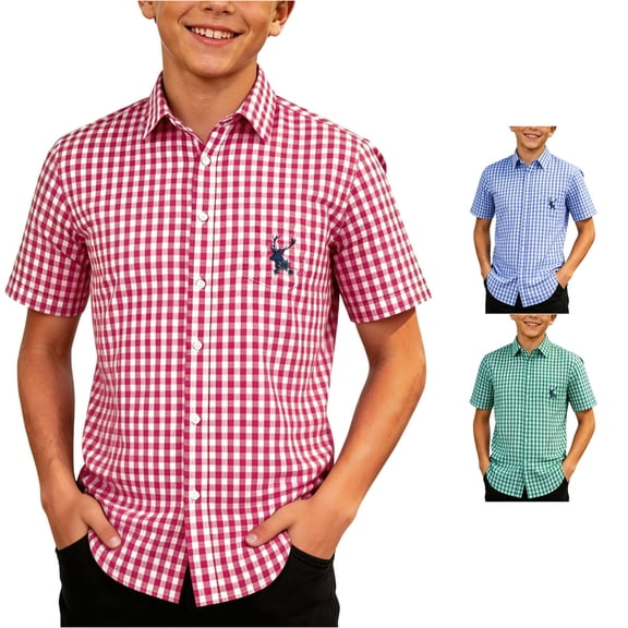 RMGVDSD Boy's Plaid Button Down Shirts Classic Fit Short Sleeve Gingham Tops For School Casual Festival Kids Dress Shirt 11-12 Years
