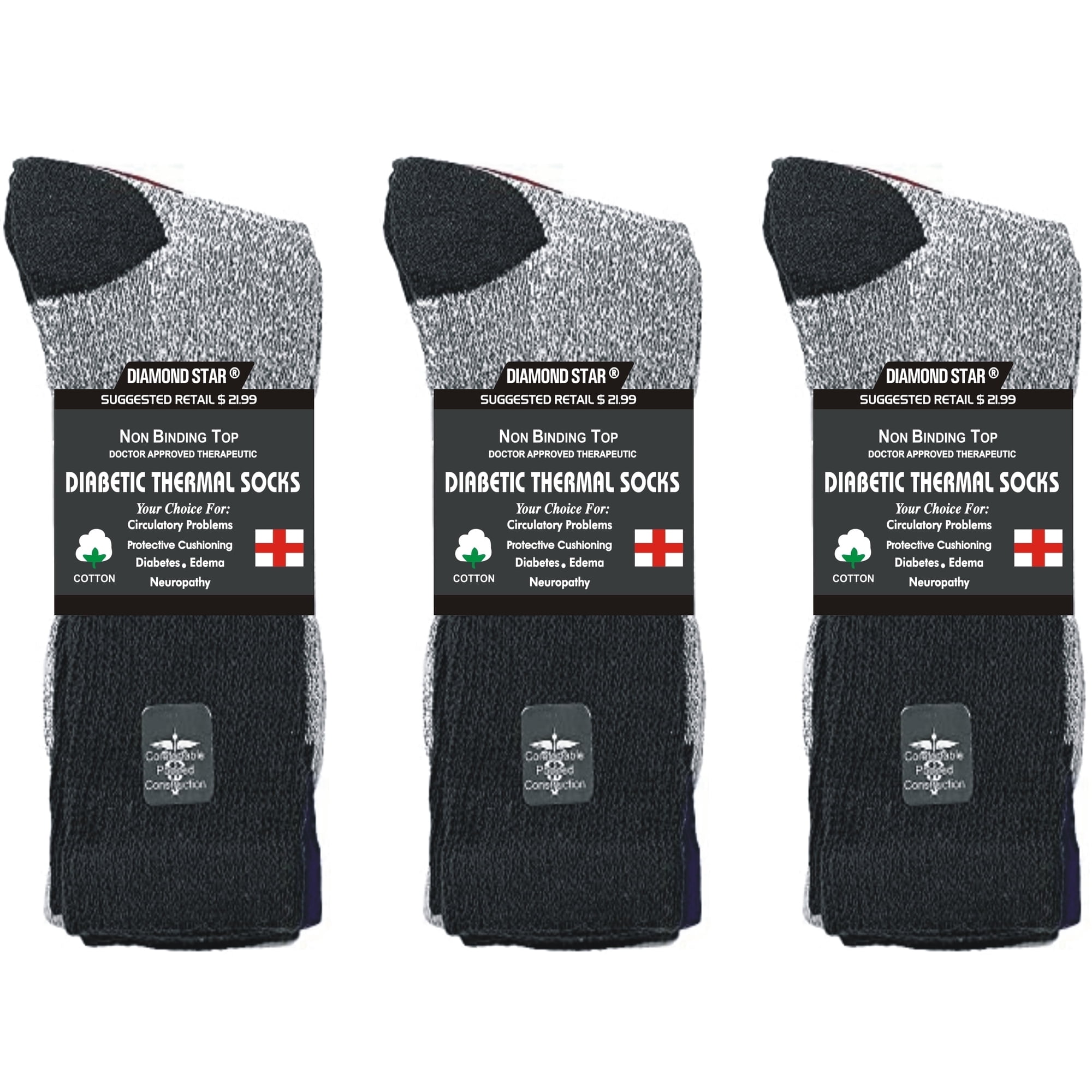 Diamond Star Premium Non-Binding Thermal Diabetic Socks for Men & Women – Loose Fit Cotton Crew for Warmth & Circulation (Black-3 Pairs, Socks Size 13-15, Fit Men's Shoe Size 9-14)