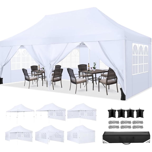 10'x20' Ez Pop up Canopy Party Tent with 6 Privacy Sidewalls, Portable Instant Commercial Canopy, Waterproof Tent for Wedding All Season Tent for Market with Carry Bag, 4 Sandbags, Black