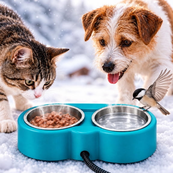 LAKWAR Double Heated Pet Bowl, 46oz Stainless Steel Dog & Cat Water Bowl with Chew Proof Cord for Outdoor Winter Use