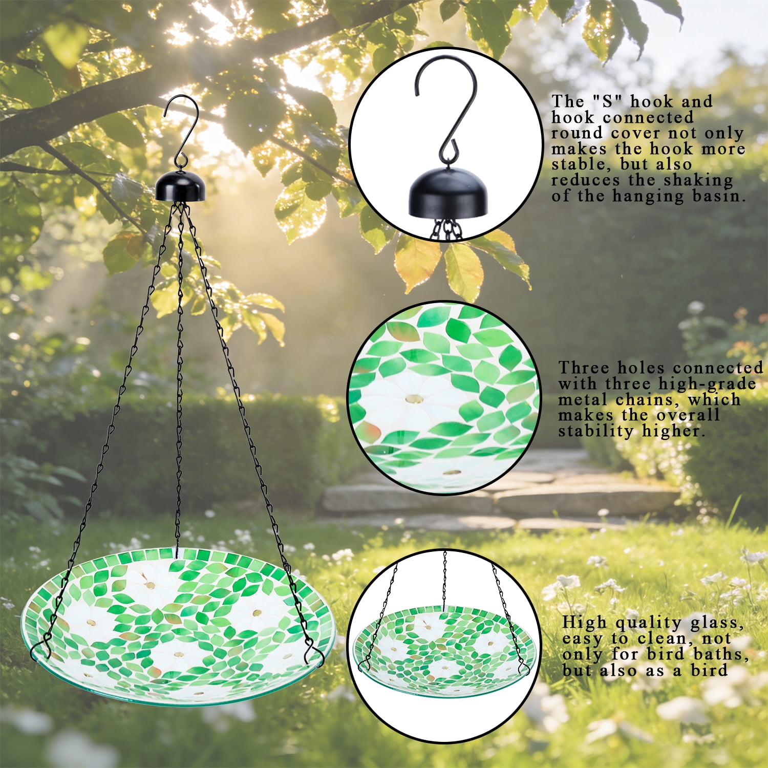Hanging Bird Bath, Glass Mosaic Bird Baths for Outdoors Birdfeeder with 21 inch Rust-Proof Chain for Garden Yard Decor