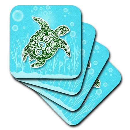 - 3dRose Stylized Green Sea Turtle in Turquoise Blue Water Scrapbook Style - Ceramic Tile Coasters, set of 4