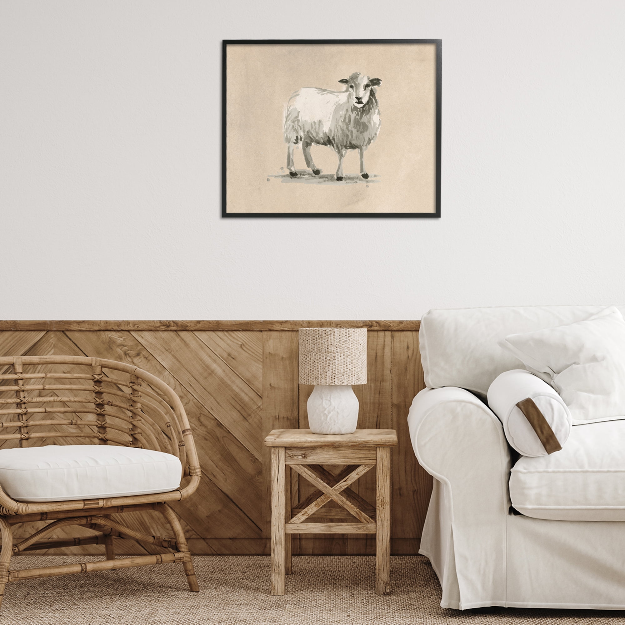 Stupell Industries Gazing Sheep on Beige Animals & Insects Painting Black Framed Art Print Wall Art, 30 x 24