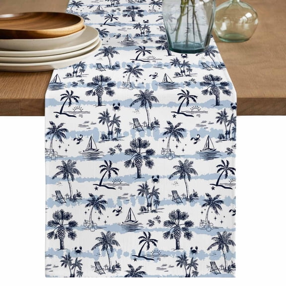Blue Tropical Plant Table Runner 36 Inches, Summer Coconut Trees Coastal Nautical Bed Runner Dresser Scarves Tabletop for Indoor Outdoor Parties/Ceremony/Banquet, 13"x 36"
