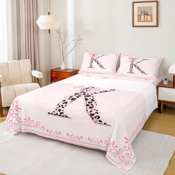 Castle Fairy Alphabet Bowknot 4-Piece Full Size Sheets,Cheetah Print Bed Sheets,Black Pink Lightweight Sheet Sets,Microfiber Girls Bedroom Decor