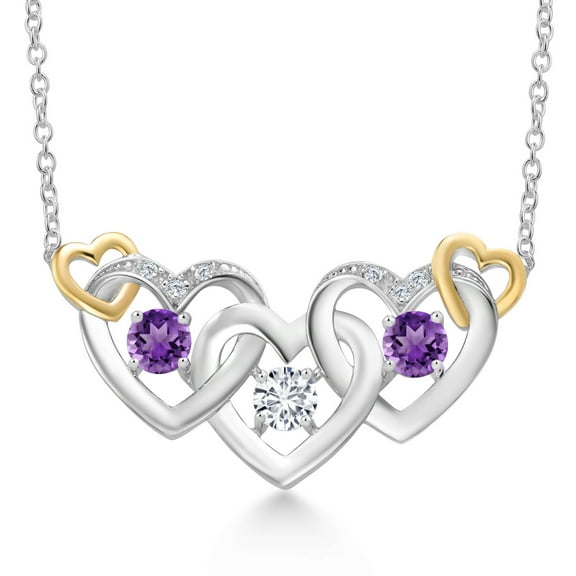 Gem Stone King 925 Silver and 10K Yellow Gold White Lab Grown Diamond and Purple Amethyst Heart Shape Pendant Necklace for Women (0.83 Cttw, with 18 inch Chain)