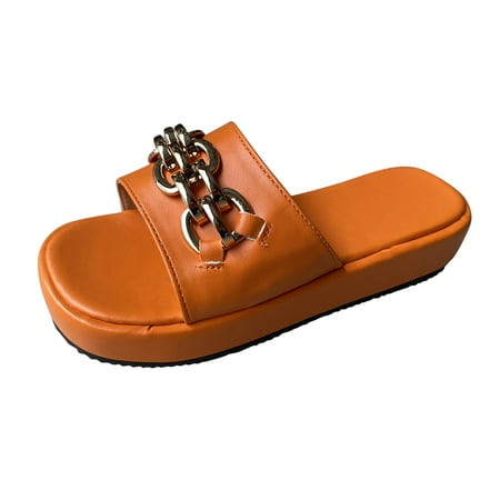 

Quealent Adult Women Shoes Leopard House Slippers for Women Ladies Fashion Summer Solid Color Leather Metal Buckle Friends Slippers for Women Orange 6.5