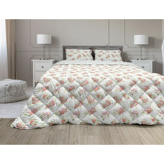 Shabby Flora Comforter & Sham Bedding Set, Nostalgic Themed Bunch of Magnolia Buds Rococo Poetic Fresh Nature, 3 pcs Duvet Set Microfiber Filling Quilt, 5 Sizes, Green Pink Off White, by Ambesonne