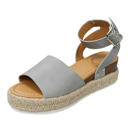 

sandals for Women Buckle Decor Ankle Strap Wedge Sandals For Women Casual Open Toe Sandals Roman Platform Sandals PU Dress Sandals for Women Grey