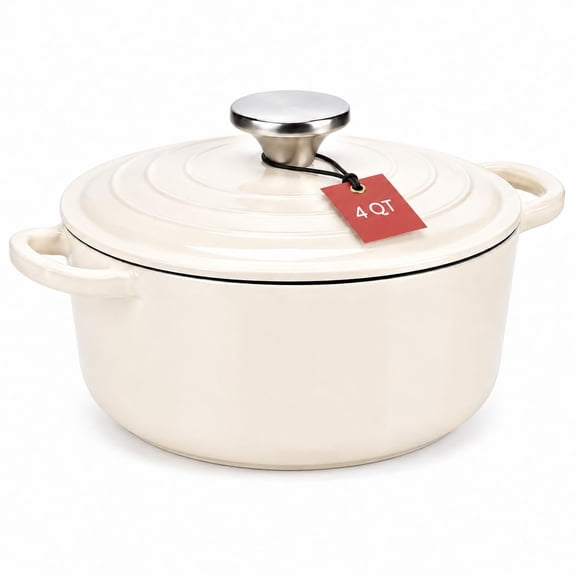 Enameled Cast Iron Dutch Oven, 4 Quart, Standard Cream, Dual Side Handles
