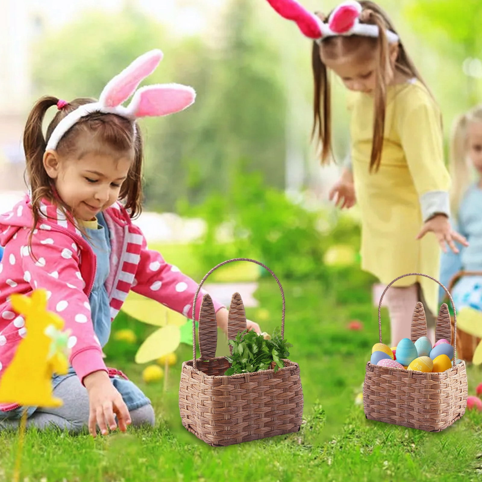 Hand-Woven Easter Carrying Basket For Spring Picnic Storage Basket Snacks Eggs Candy Storage Childrens Gift Basket Plastic Material Decorative Basket
