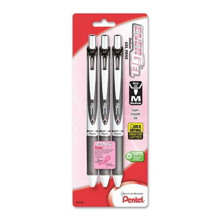 Metal Silver Ink - Pentel Pink BCA Ribbon Pentel EnerGel Deluxe RTX Retractable Liquid Gel Pen, 0.7mm, Medium Line, Metal Tip, Silver Barrel, Black Ink, 3 Pack