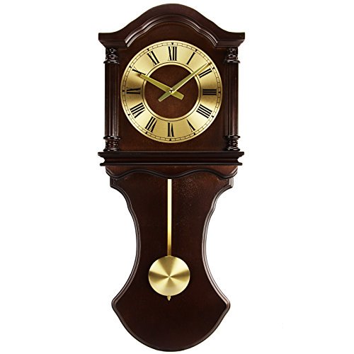 Bedford Clock Collection Wall Clock with Pendulum and Chimes, Chocolate Wood