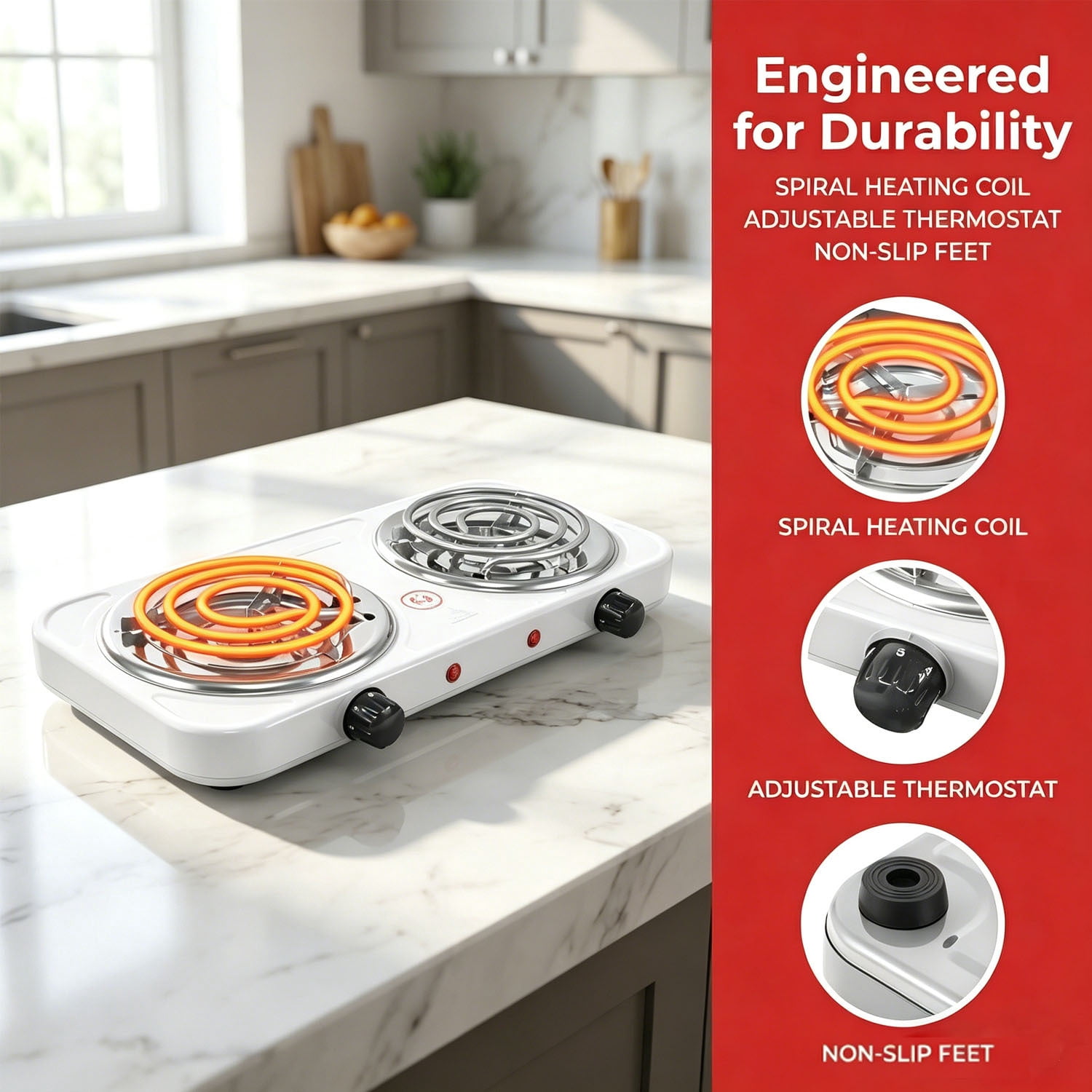 Hot Plate,Double Burner, 2000W Electric Stove Burner with 5 Levels Temperature Control, Countertop Double Coil Burner Cast Iron Cooktop for All Cookwares Home Camp RV White