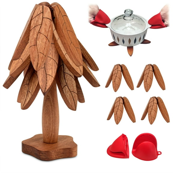 Trivets for Hot Dishes,hot Pads for Kitchen，Wooden trivets for hot Dishes，Tree Shape Trivet Set,4 Wooden Trivets   1 Stand  2 Oven Mitts，stored Like a Christmas Tree