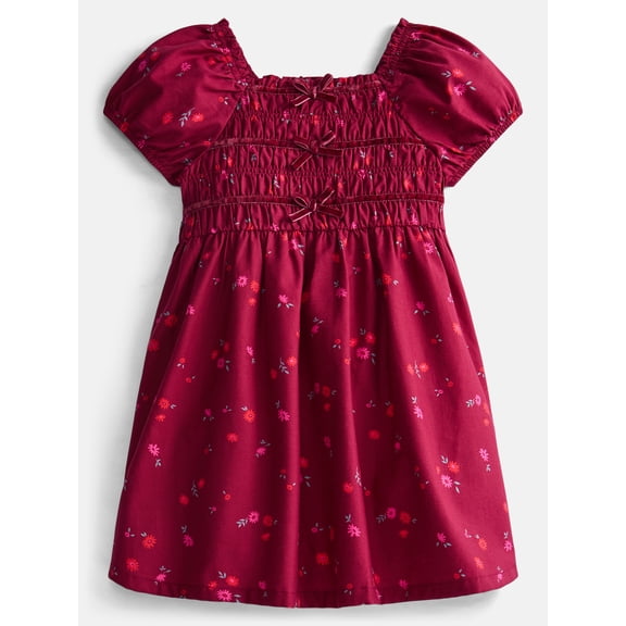Wonder Nation Toddler Girls Smocked Dress with Puff Sleeves, Sizes 12M-5T