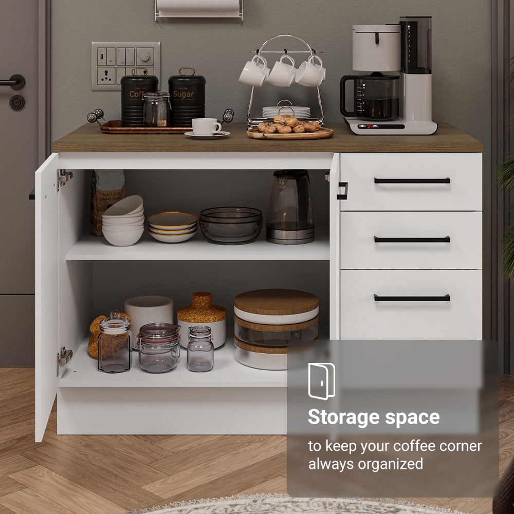 Madesa Coffee Bar Cabinet with 2 Doors and 3 Drawers Storage Unit for Kitchen, Dining Room, or Office – White