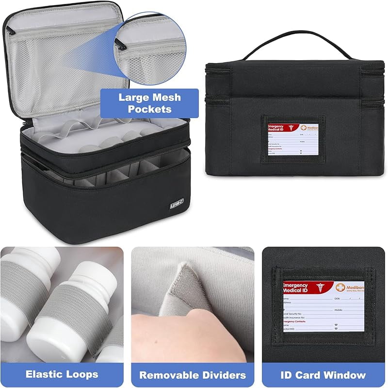 Medicine Storage Bag,Double Layers Pill Bottle Organizer Bag Empty with Lockable Zipper&Adjustable Divider,Medication Travel Carrying Bag for Pills,Vitamins,Medical Supplies