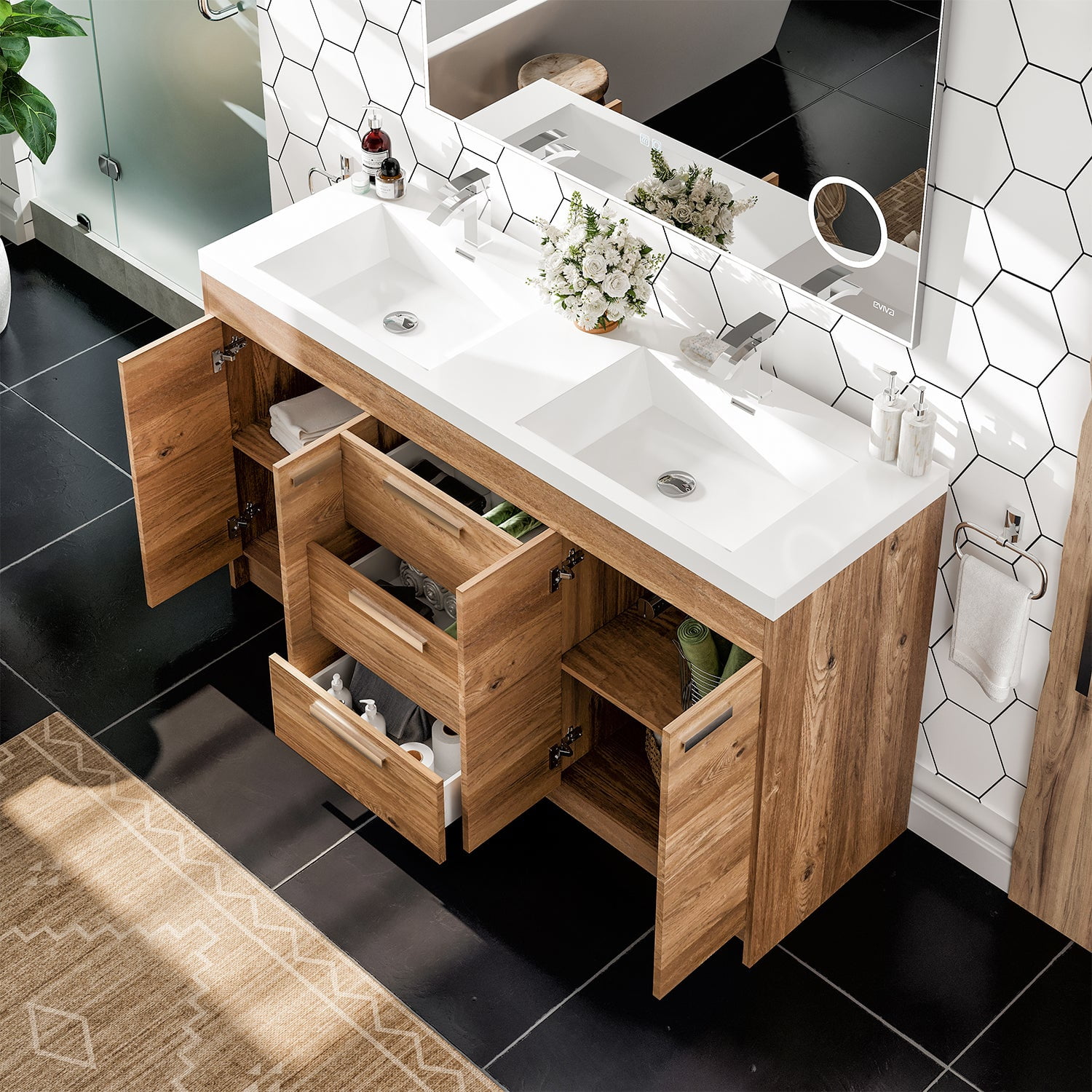 Eviva Lugano 60" Natural Oak Modern Double Sink Bathroom Vanity w/ White Integrated Top