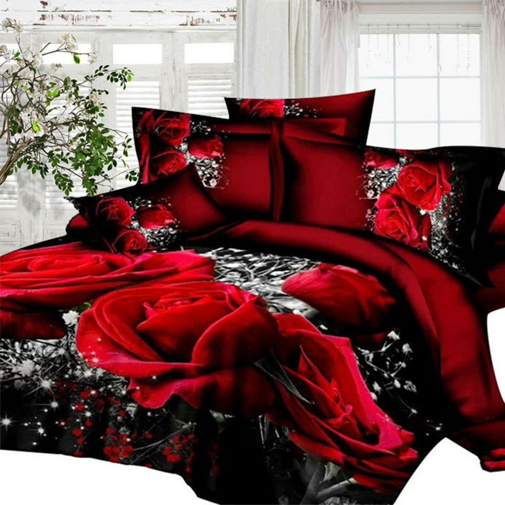 4 Pcs 3D Big Red Rose Floral Bedding Sets Wedding Duvet Cover Sheet ...