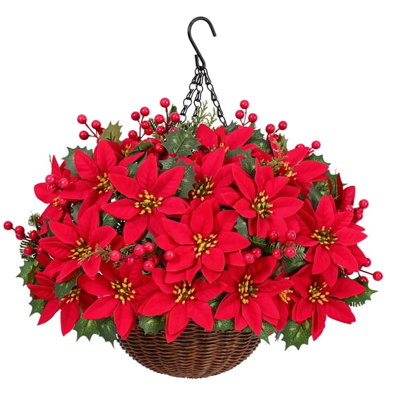 Lyacmy Red Artificial Poinsettias for Outdoors Christmas Flower Decorations, UV Resistant Fake Hanging Poinsettias with Basket Christmas Porch Decor