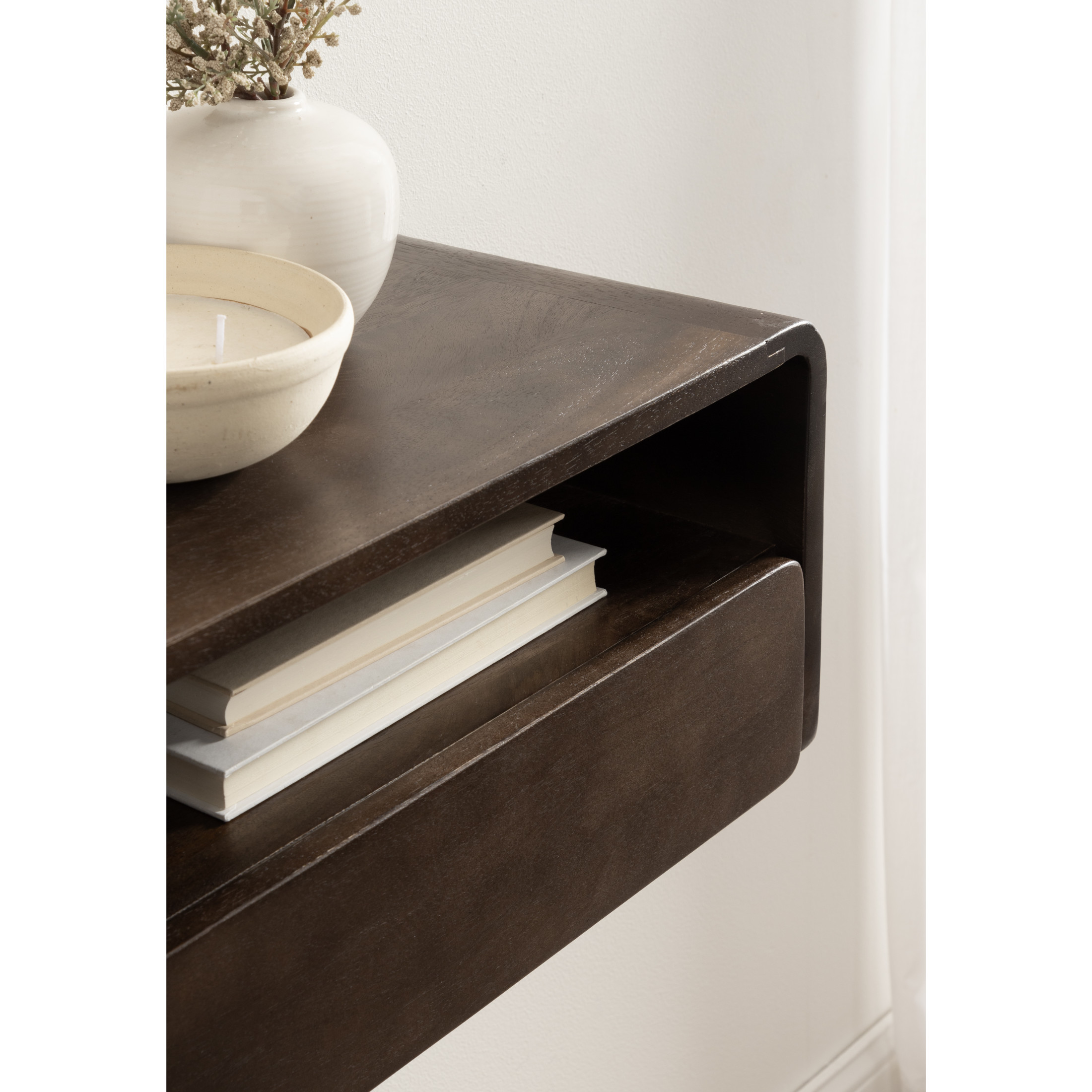 Kate and Laurel Kato Modern Mango Wood Floating Side Table with Drawer, 18 x 10 x 9, Dark Brown, Contemporary Wooden Floating Nightstand for Bedroom Bedside Table or Living Room Wall Storage
