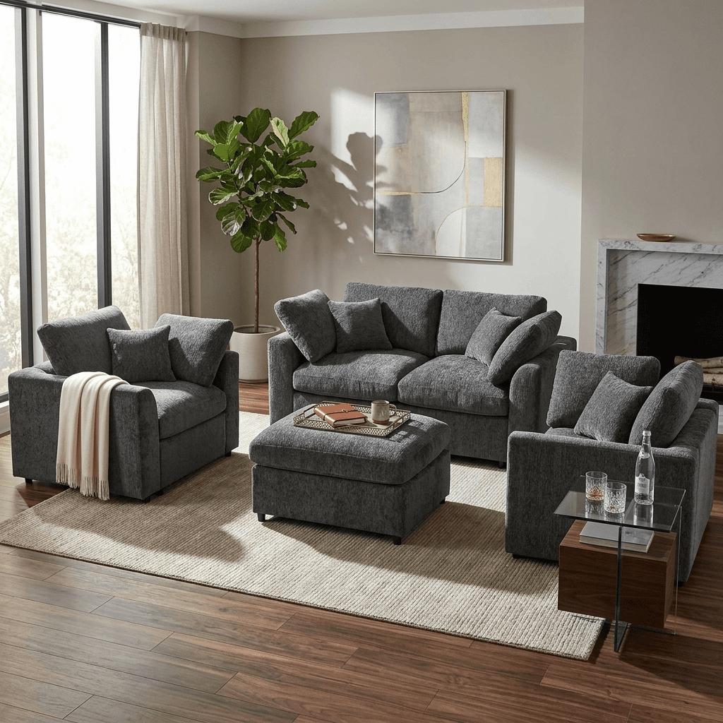 Howcool 4-Piece Modular Sectional Sofa Set,2 Accent Chairs + Loveseat + Movable Ottoman,Chenille Sofa Couch with Solid Wood Frame for Living Room Furniture,Gray