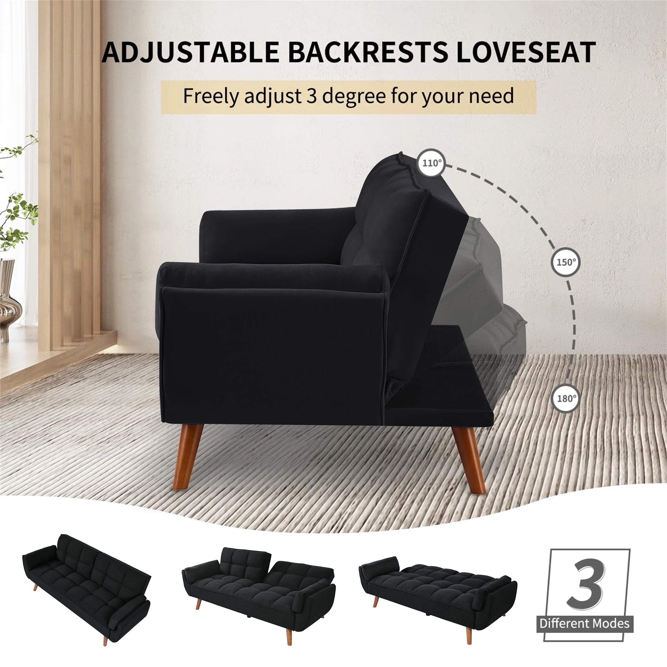 Aukfa 75" Flared Arm Futon Convertible Sofa Bed, Linen Sleeper Couch for Home Office, Black