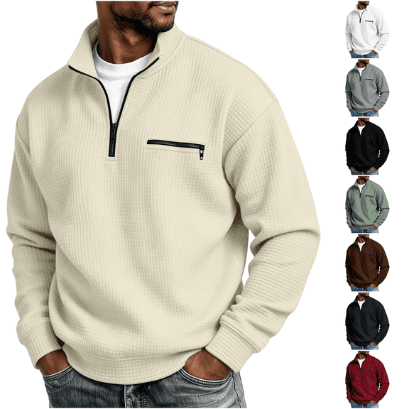 Daweinan Men's Quarter Zip Pullover Waffle Stand Collar Long Sleeve Pullover Sweatshirt with Zipper Chest Design Casual Loose Fit Athletic Workout Top