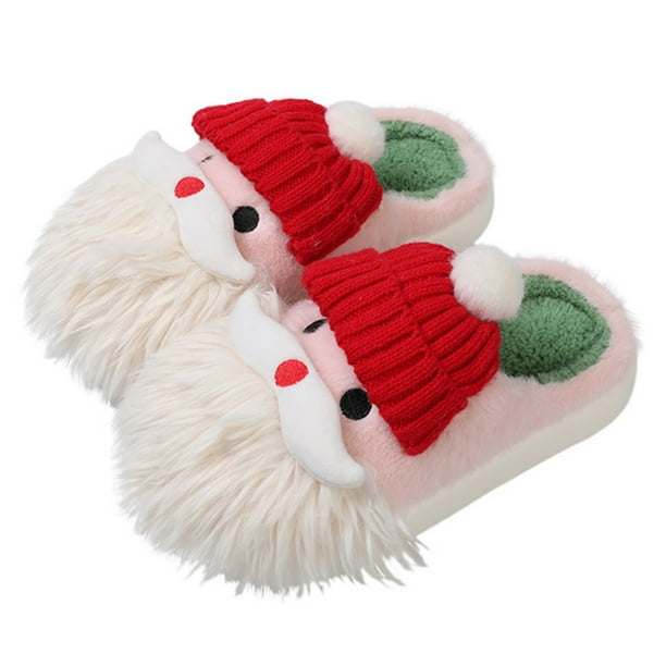 Zapatillas de dibujos animados de invierno para mujer, zapatos peludos de felpa cálidos de Navidad, chanclas para parejas, Zapatillas de casa antideslizantes para interiores, regalos de navidad