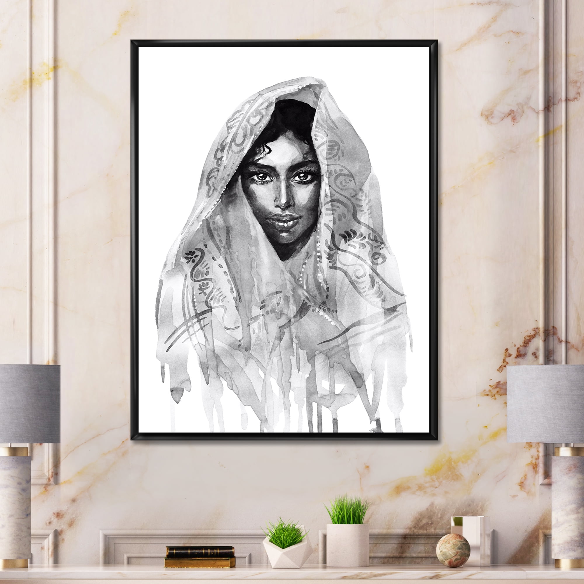 Designart 'Black and White Portrait of Young Indian Woman I' Modern Framed Canvas Wall Art Print