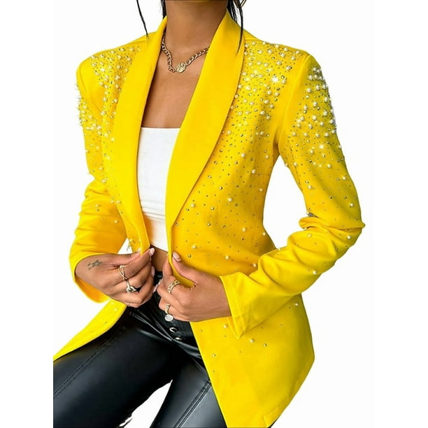 Blazer de Negocios para Mujer, Chaqueta de Traje de Larga con Abertura Frontal, Abrigo con Botones de Diamantes de Imitación, Ropa de Oficina Amarillo M