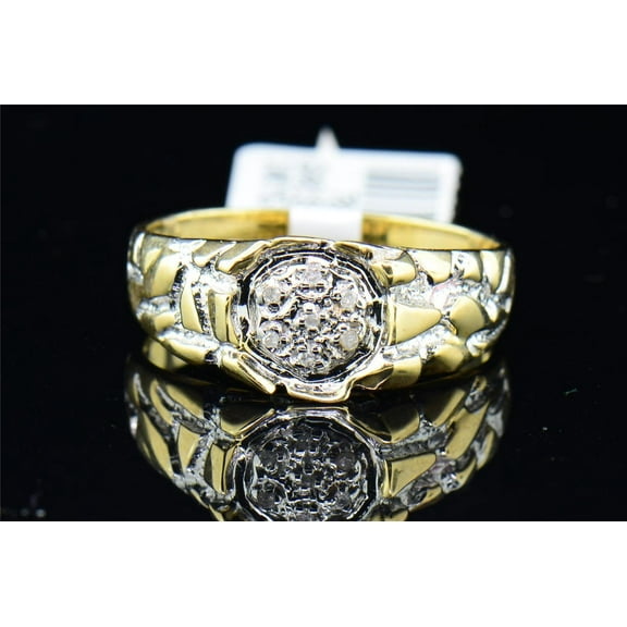 Mens 10K Yellow Gold Nugget Style Round Cut Diamond Engagement Ring Wedding Band