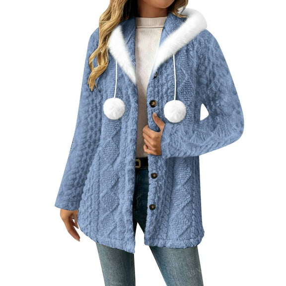 ZUKMRJPC Women's Hooded Cardigan Solid Color Chunky Knitted Button Down Outwear Warm Faux Fur Collar Drawstring Jacket with pom-poms