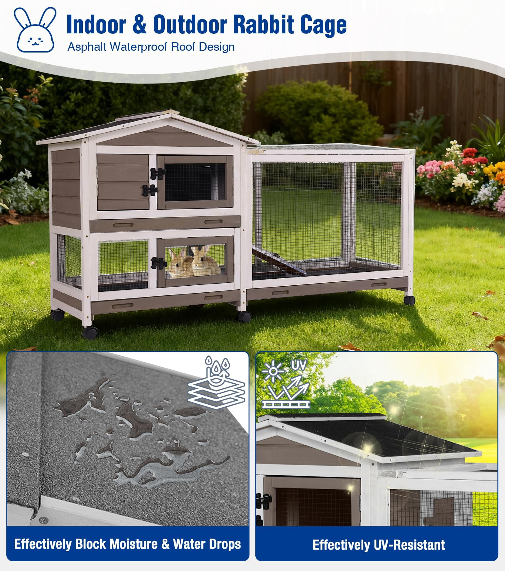 Aivituvin Large Rabbit Hutch Indoor, Bunny Cage Outdoor with Chew-Proof Ramp, 2-Story Guinea Pig Cages with 6 Wheels, 3 Pull-Out Trays, Waterproof Asphalt Roof, 62" L - Coffee