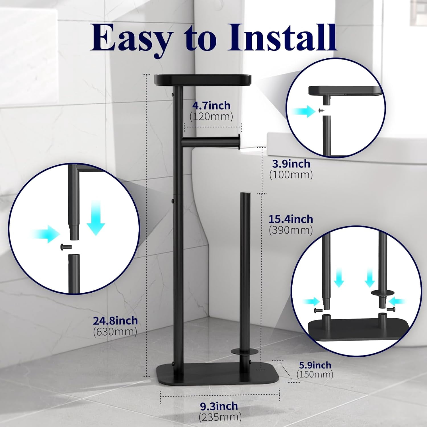 Toilet Paper Holder Free Standing – Rustproof Metal Toilet Paper Stand for 4 Rolls with Anti-Slip Base and Shelf for Phone & Small Items, Bathroom Organizers and Storage, Medium, Chrome Silver