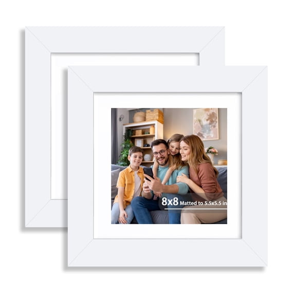 8x8 Picture Frame Set of 2, Display 5.5x5.5 Picture with Mat or 8 x 8 Without Mat, Square Wood Photo Frame for Wall Mount and Tabletop Display