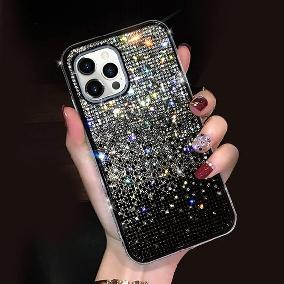 Compatible with iPhone 15 Pro Max Bling Case Cute Glitter Diamond Rhinestone Shiny Gradient Crystal Bumper Luxury Protective Cover 3D Handmade Cover for Women Girls Black