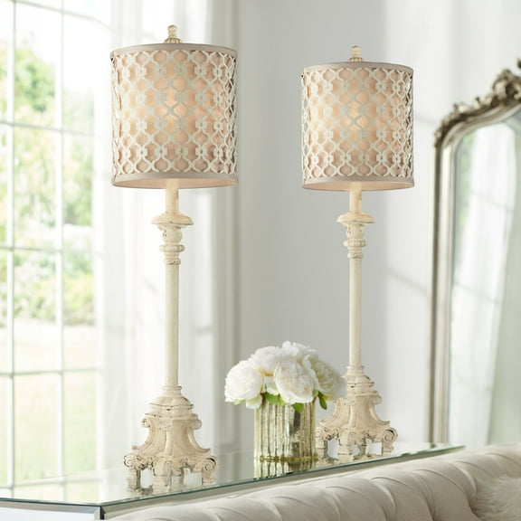 Regency Hill French Candlestick 34" Tall Scroll Skinny Buffet Traditional End Table Lamps Set of 2 Ivory White Living Room Bedroom
