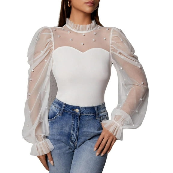 Elegant Plain Top Stand Collar White Extra-Long Sleeve Women's Blouses Petite XXS (0)