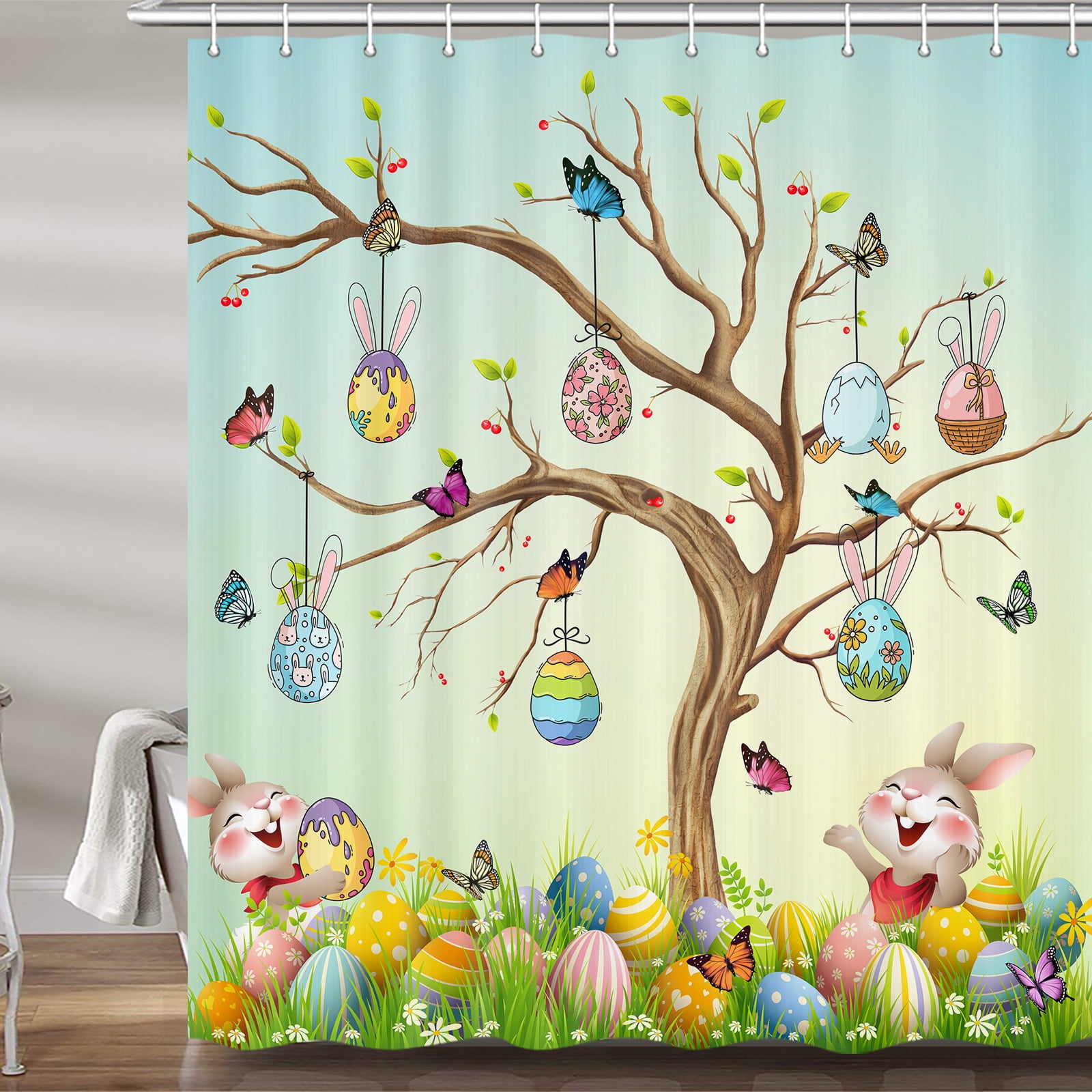 Cute Easter Shower Curtain, Easter Egg Rabbit Bunny Spring Holiday